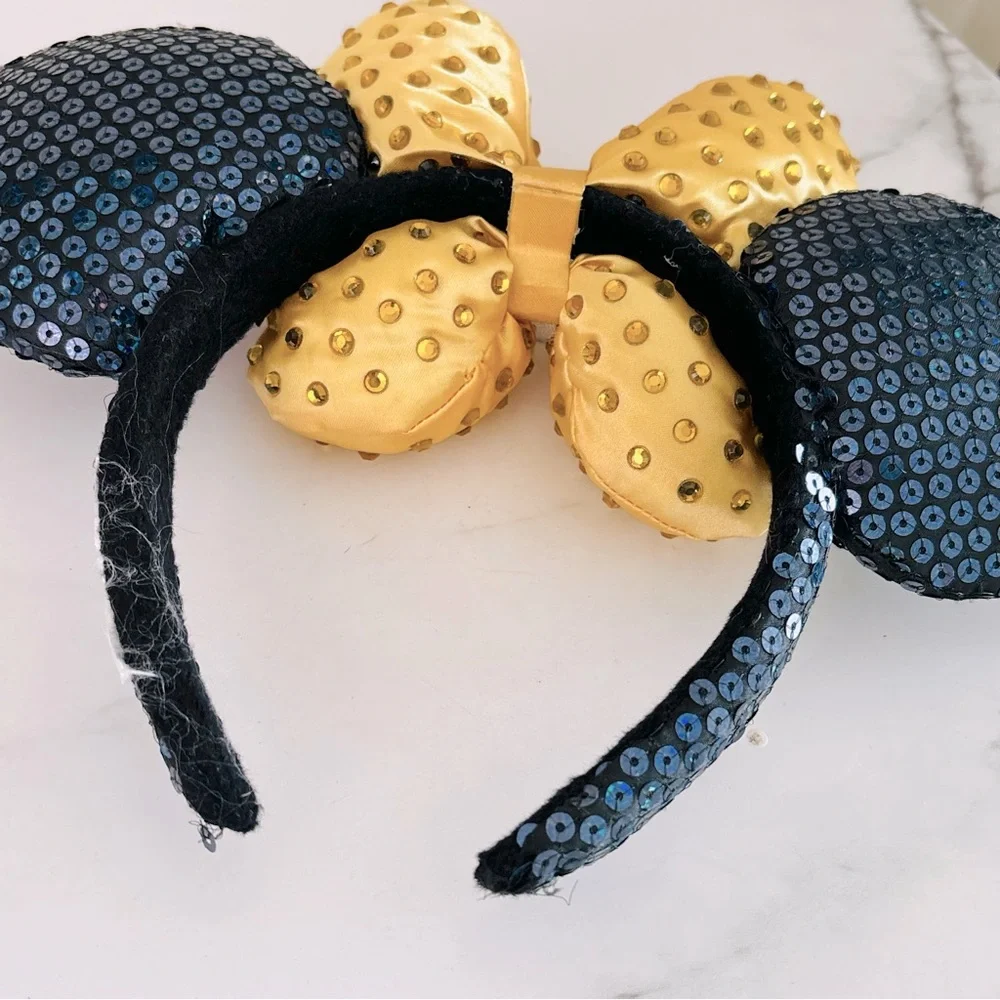 Disney Headband Gold Bow‎ Navy Blue Minnie Mouse Ears Sequin Authentic